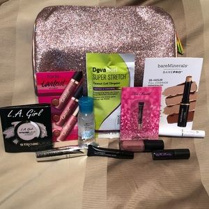 Sparkly pink makeup bag with TONS of samples